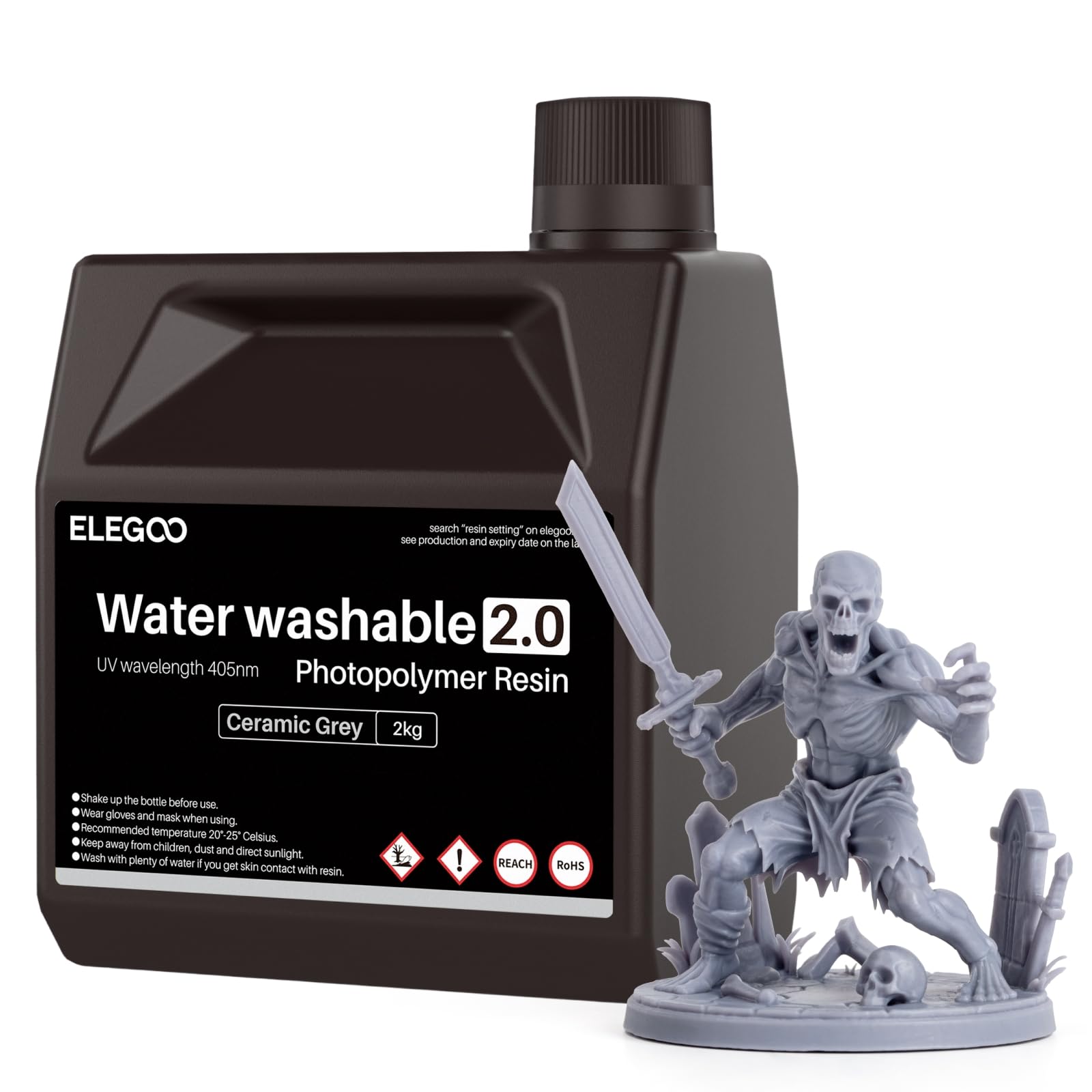 ELEGOO Resina Lavable al Agua 2.0 Gris 2KG, Resina 3D UV Rápido 395-405nm de Baja Contracción y Alta Durabilidad, Resina Fotopolímero 3D para Impresoras 3D Resina LCD/SLA/DLP