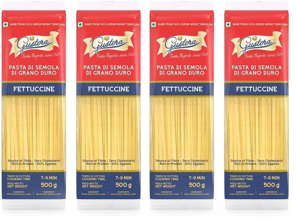 Image of Gustora Fettucine Pasta Combo Pack Of 4 I Durum Wheat Semolina I Rich In Protein & Fibre I Zero Cholesterol I Cooking Time 10 Min I Vegetarian Pasta - (500 Gm X 2)