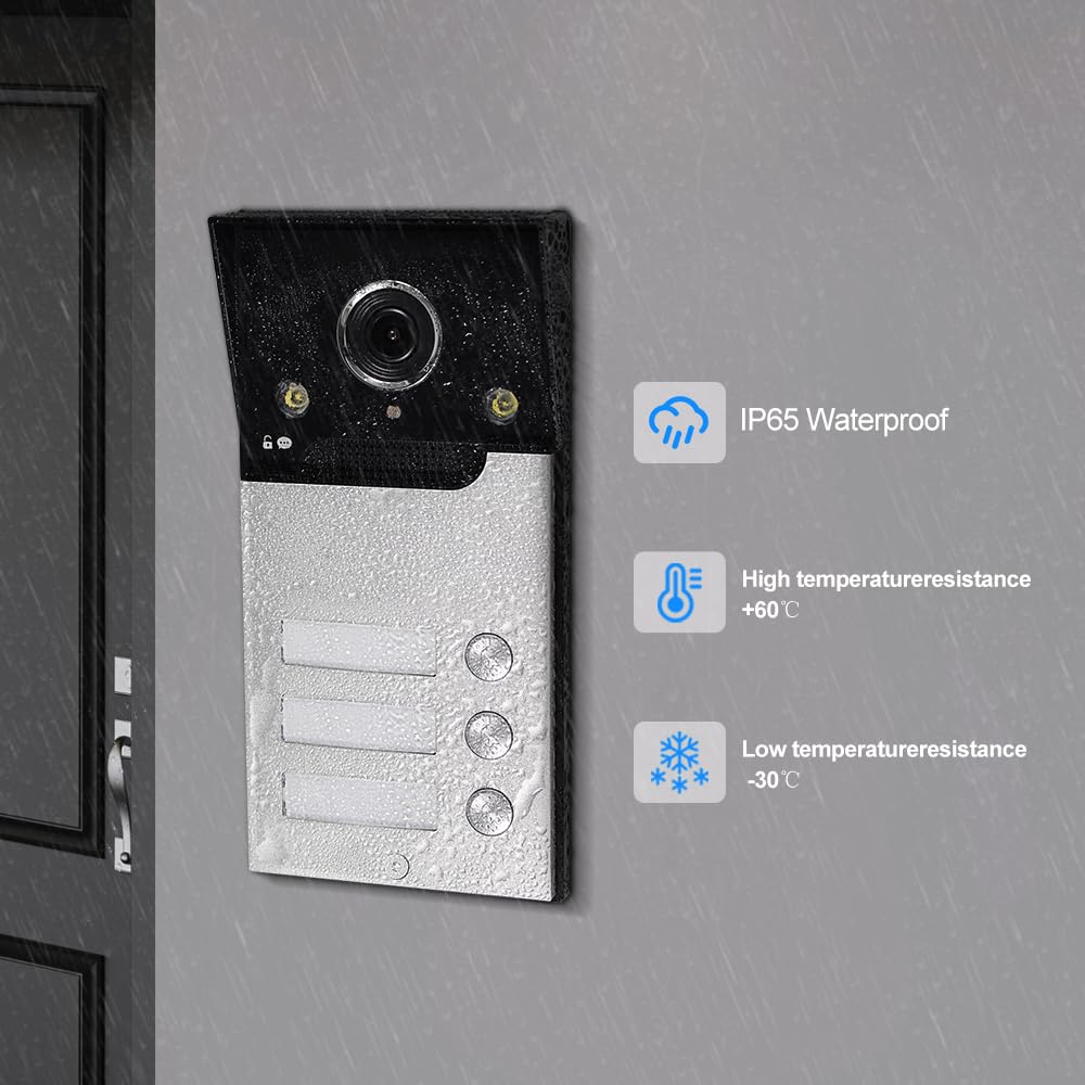 Système d'interphone vidéo HD WiFi 1080p avec moniteurs couleur de 17,8 cm pour 3 appartements/familles, prise en charge de l'application Tuya, vision nocturne infrarouge, enregistrement