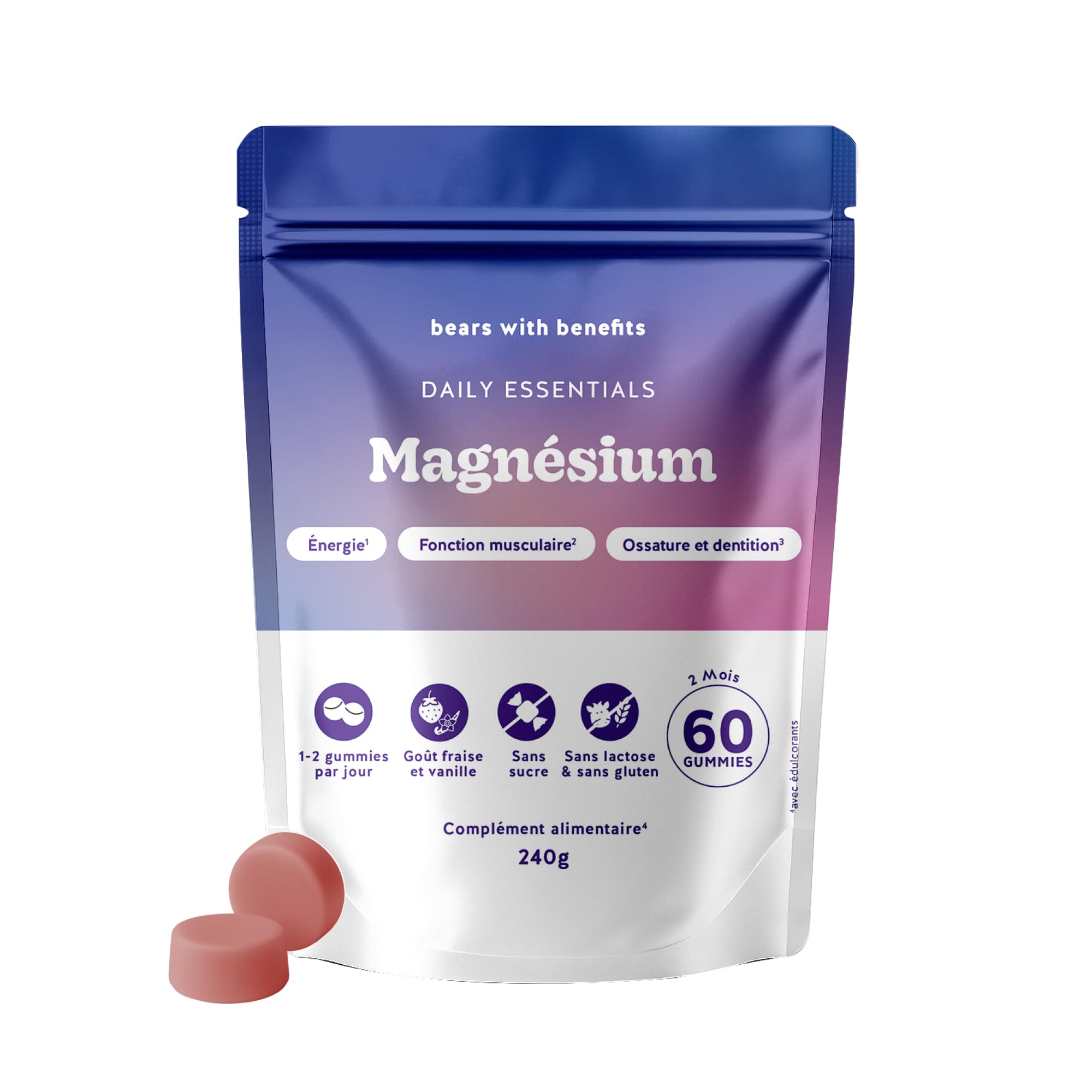 Gummies Magnésium 360mg – Daily Essentials – Contribue au fonctionnement normal des muscles, Métabolisme Energétique Normal – 60 Unités (2 mois) – Vegan, Sans Sucre – Bears with Benefits