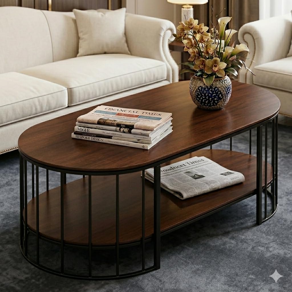 Modern Oval Coffee Table with 2-Tier Storage Shelf, Wooden Finish Center Table with Black Metal Frame for Living Room, Contemporary Cocktail Tea Table for Home,& Office Décor (Brown Black)-image-3