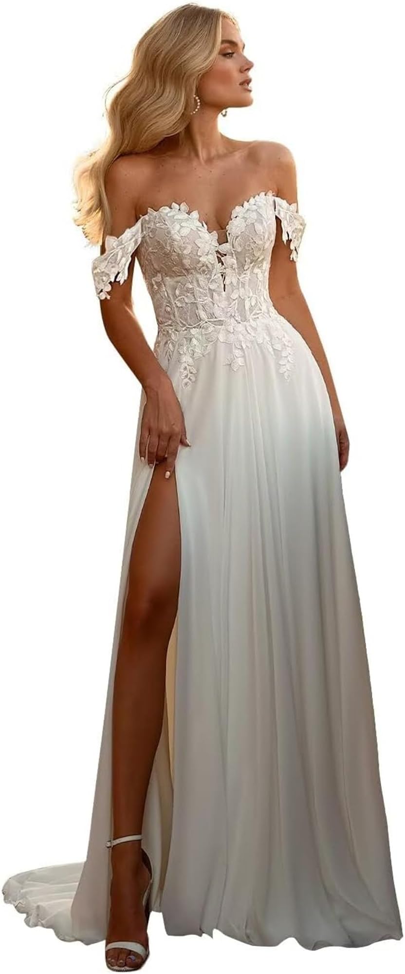 Boho Beach Brautkleider Schulterfrei Spitze Hochzeitskleider,Damen Chiffon Standesamt Brautkleid mit Schlitz