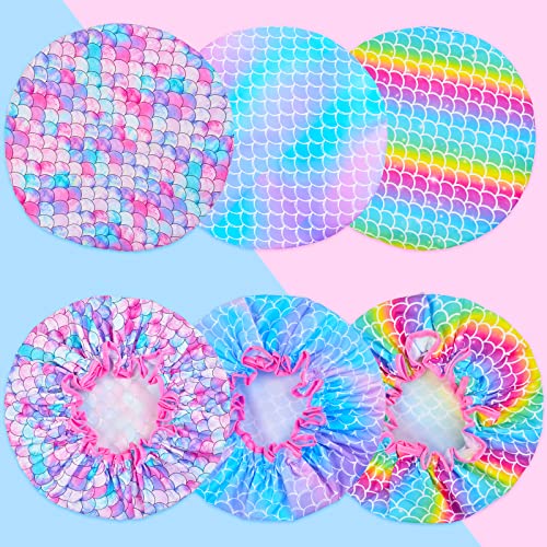 Shower Cap For Kids, 3 Pcs Large Shower Cap For Girls Women Reusable Double Layer Waterproof, Washable Plastic Toddler Shower Caps, Bath Cap For Women Kids Girls Beauty Salon Spa (Mermaid) #TOP1