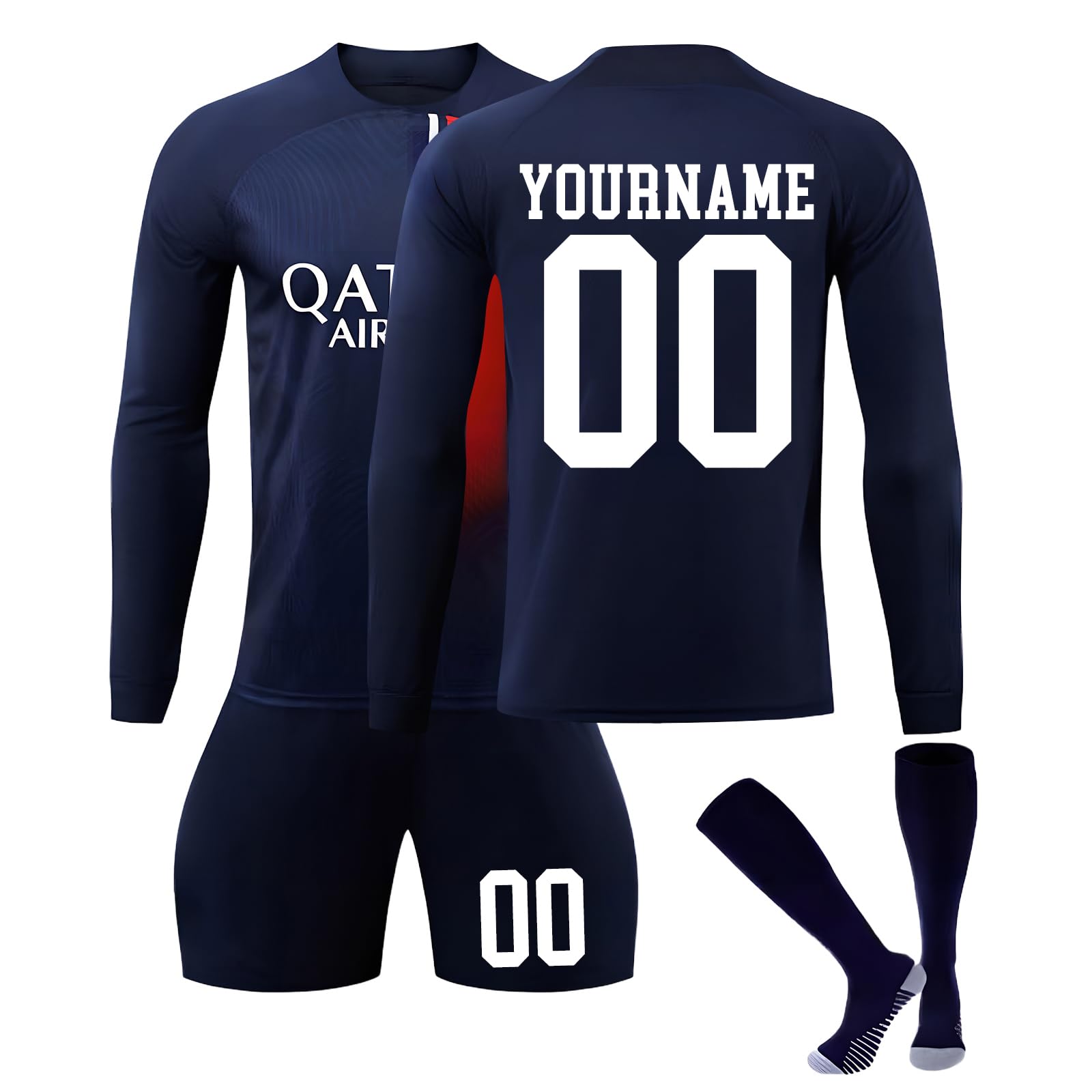 Maillots de Football Personnalisé avec Nom Nombre pour Enfant et Adultes, 3 pièces Ensemble Football Entraînement Manche Longue T-Shirt Short et Chaussettes