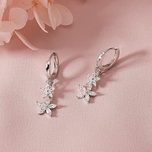 Double Cz Flower Dangle Hoop Earrings For Women Girls 925 Sterling Silver Charms Tiny Rhinestone Daisy Flower Bar Drop Dangling Small Hoop Cartilage Stud Tragus Dainty Fashion Earrings (Silver) #TOP4