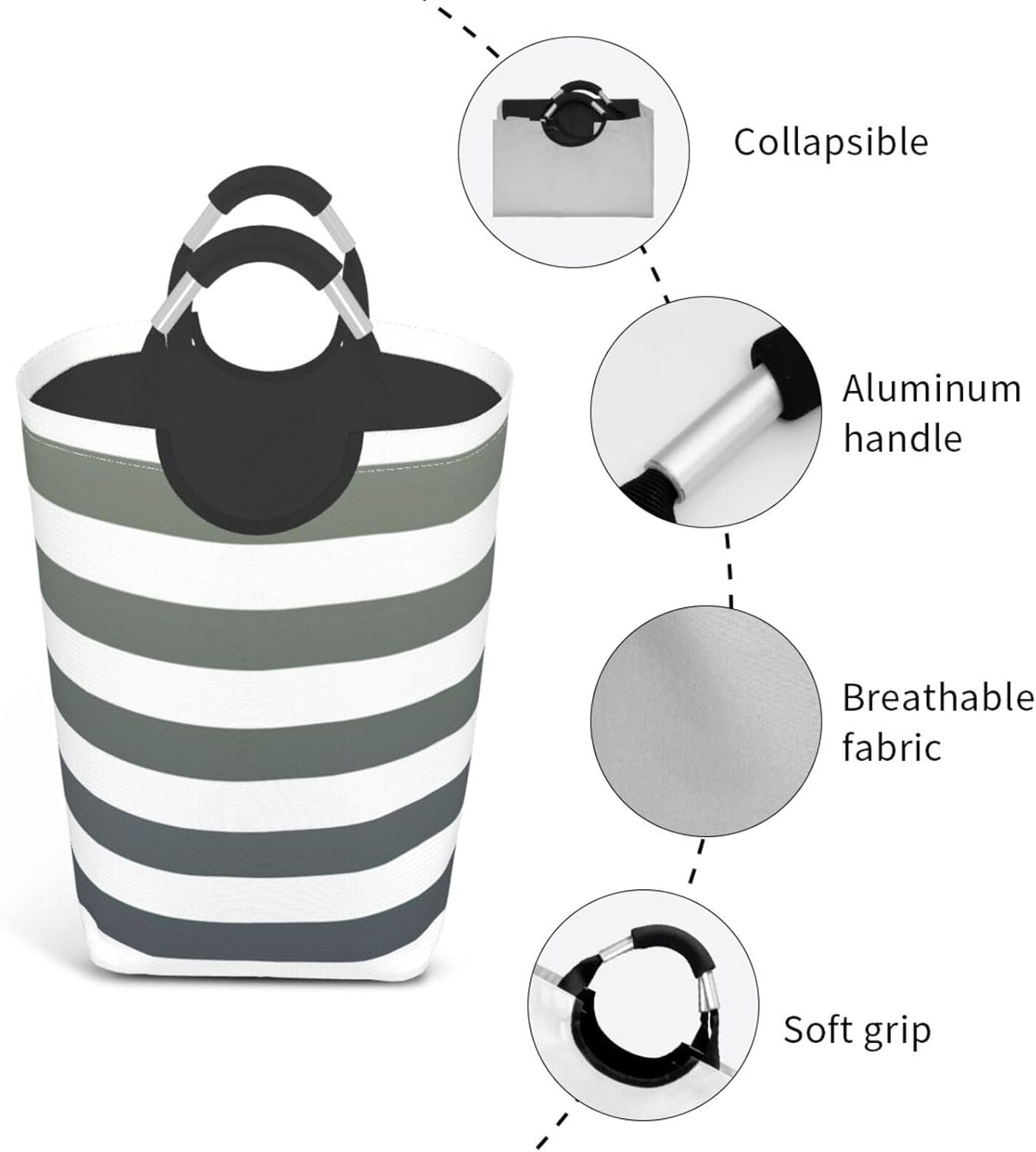 Large Laundry Basket, Modern Silver Gray Striped Pattern Laundry Hamper Bag Collapsible Washing Bin With Handles for College Dorm, Family Essentials Storage