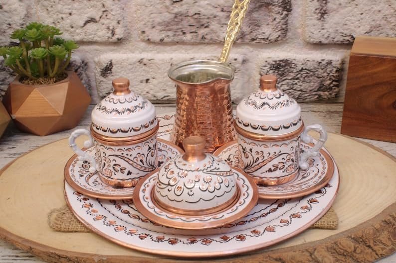 OHVVGN Turkish Coffee Set, Coffee Cups and Copper Coffee Pot, Unique Home Decor