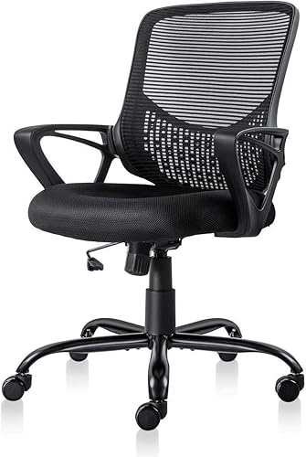 Silla de oficina ergonómica para computadora, silla de escritorio de malla con respaldo medio, silla giratoria ajustable con reposabrazos para
