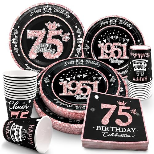 Image of 75th Birthday Decorations Rose Gold, Service for 30, Vintage 75th Birthday Party Supplies Includes Rose Gold 1951 Plates, Napkins,Cups, Plates and Napkins for Women