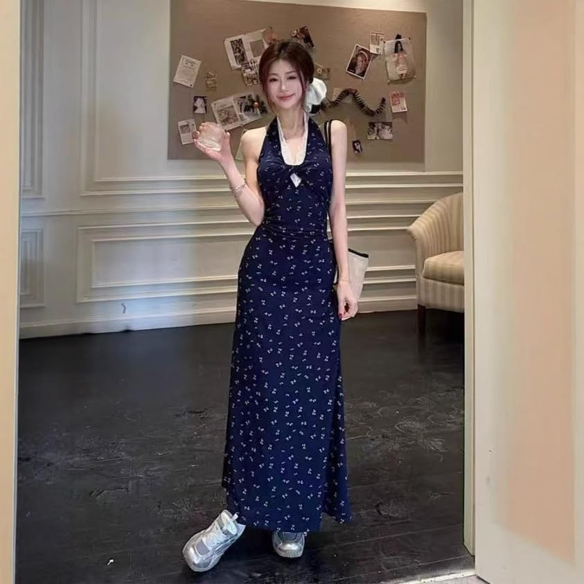 French lace Sleeveless Hanging Neck Floral Dress, Children's Seaside Suspender Dress, Hip Hugging Long Skirt2