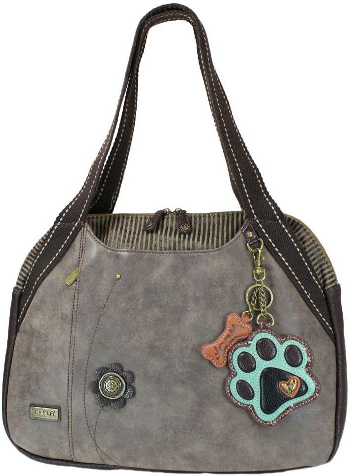 Chala Teal Paw Print Bowling Bag Handbag Purse, Dog Lover Dog Mom Chala Handbags (Stone Gray)