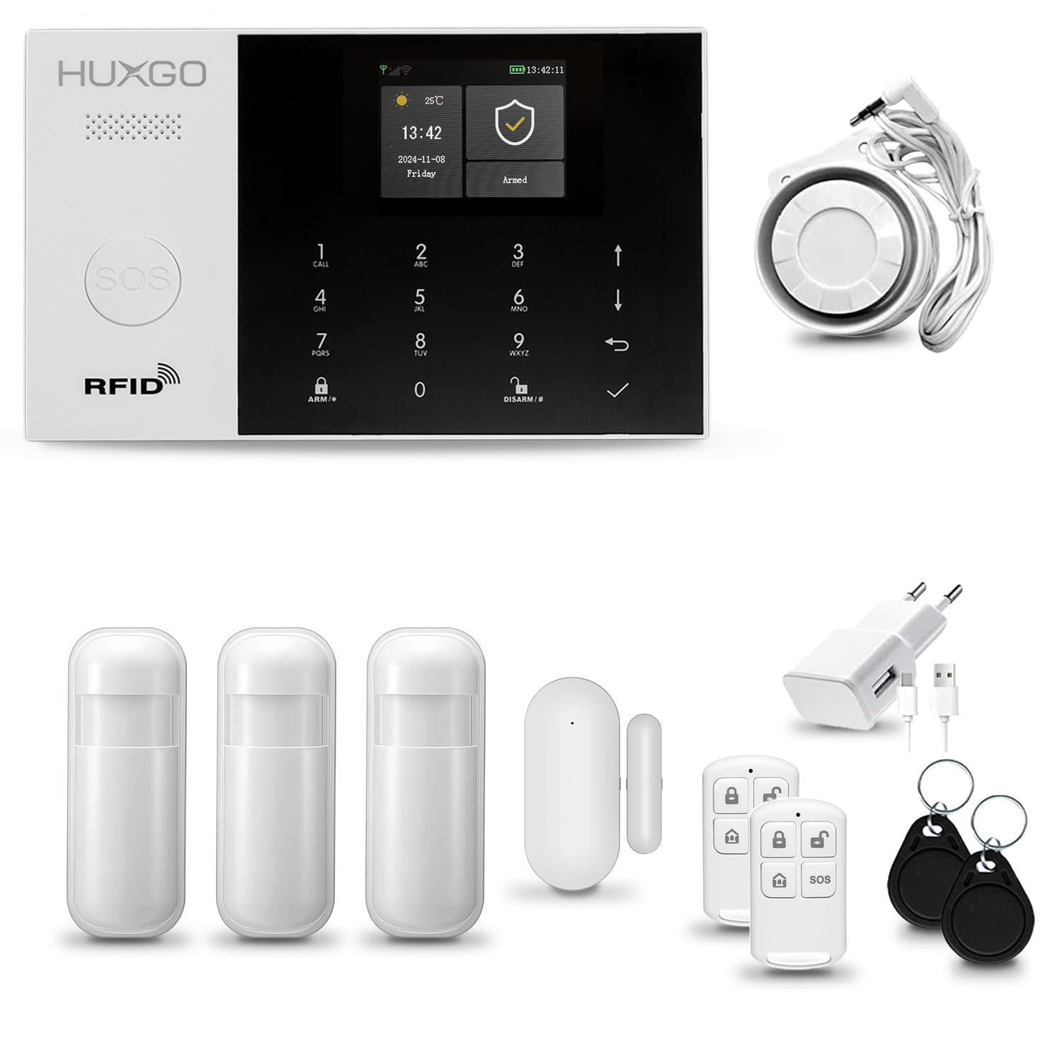 HXA005 WiFi + GSM 4G Home Alarm System with Siren | Home Alarm Kit with 3X PIR Motion Sensors, 1x Door/Window Sensor | Control From Phone