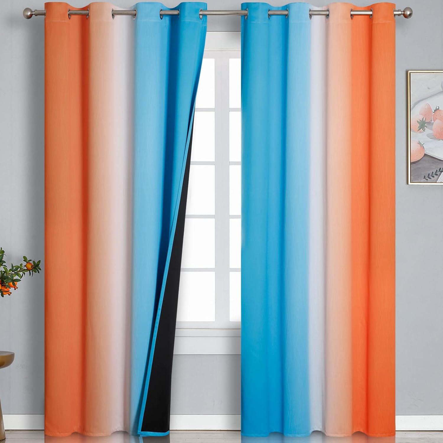 Thermal Insulated Blue and Orange Curtains for Living Room