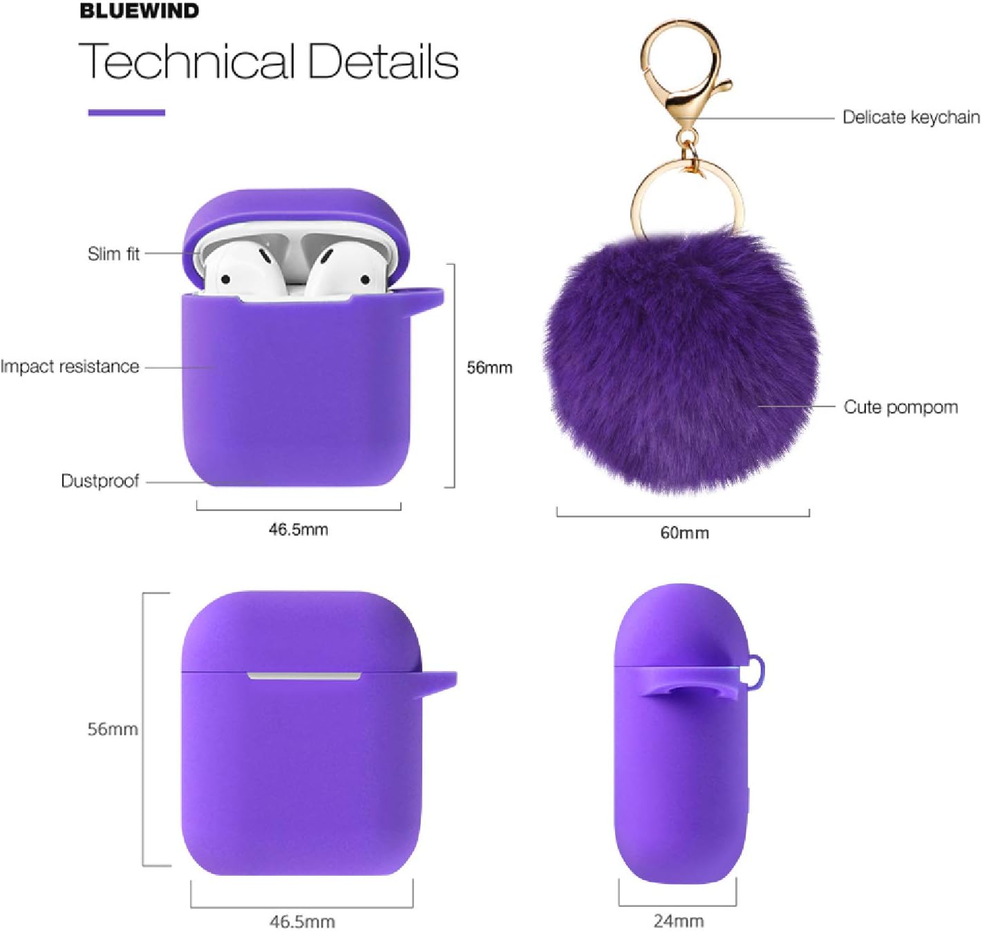 for Airpods Case - BlUEWIND Drop Proof Air Pods Protective Pom Pom Keychain Case Cover Silicone Skin for Apple Airpods 2 & 1 Charging Case, Cute Fur Ball Airpods Keychain/Strap (Purple)