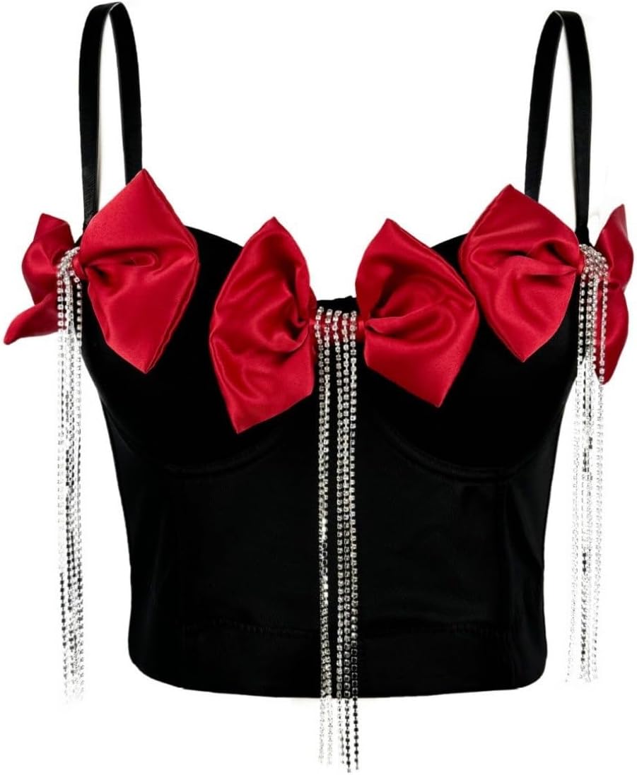 Women's Vest With Rhinestone Tassels Double-layer Bowknot Suspenders Chain Bow Tie Corset for Women(white-Dinosaur Doodle4,36B)