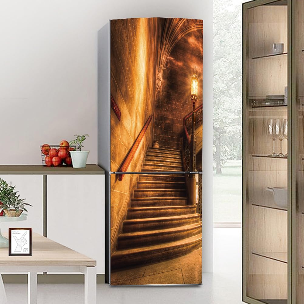 Fridge Sticker, Fridge Sticker Full Covering Door Covers Skins Wall Stickers for Kitchen Decal, Retro Castle Stairs(S: 60x150 cm)
