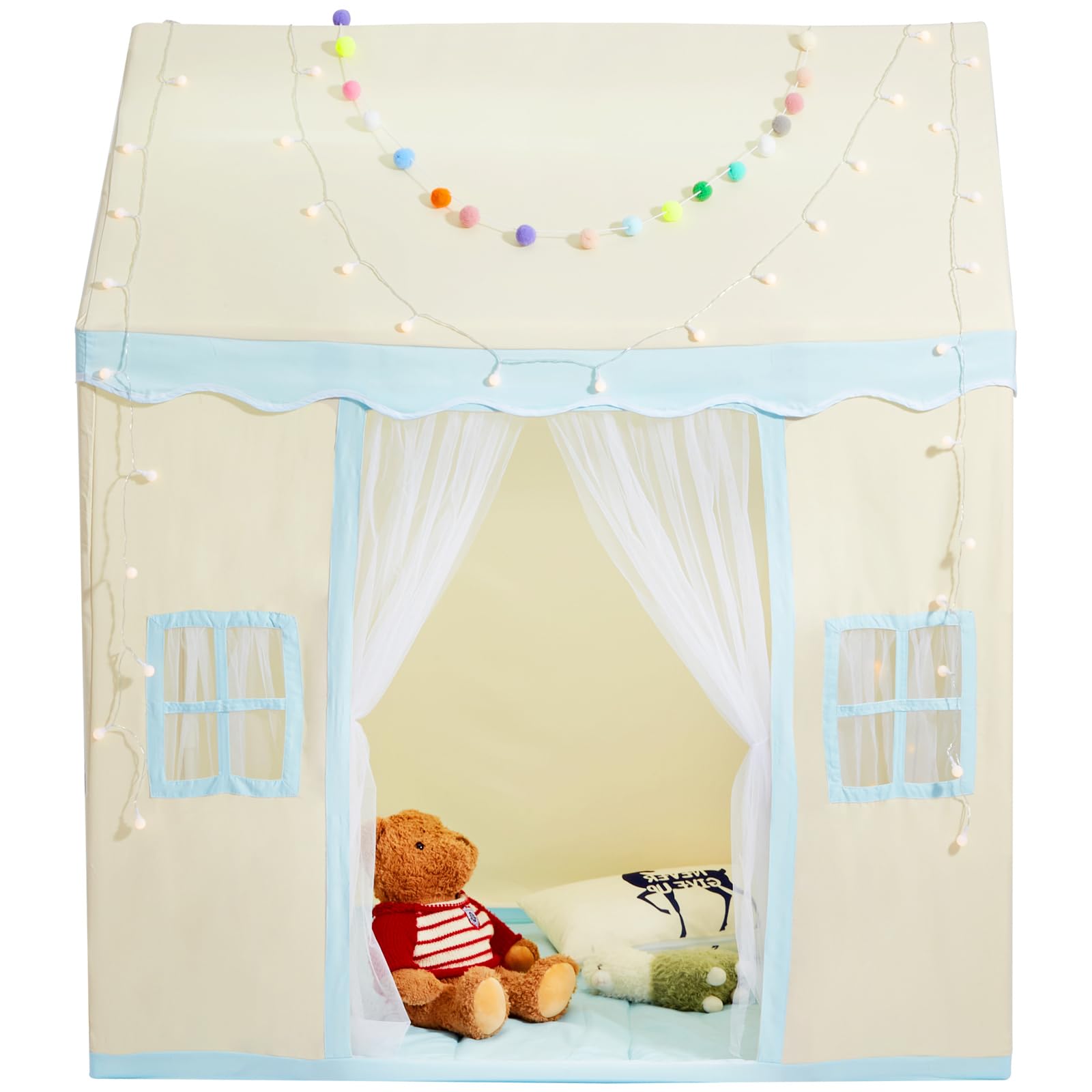 Happybuy Kids Play Tent, for 1-5 Years Old, with Mat & Tent Lamp, Windows for Indoor & Outdoor, Play House Castle Design, Beige, Ideal for Boys and Girls
