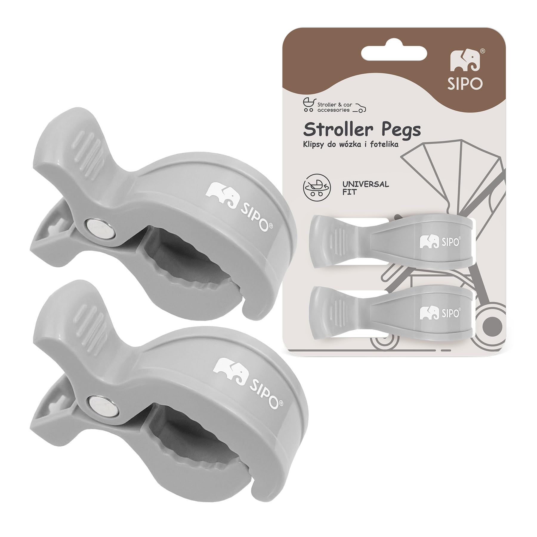 SIPO Pram Clips Grey (Set of 2) - Universal ABS Hooks & Clamps for Prams & Buggies - Attaching Bags, Blankets & Toys