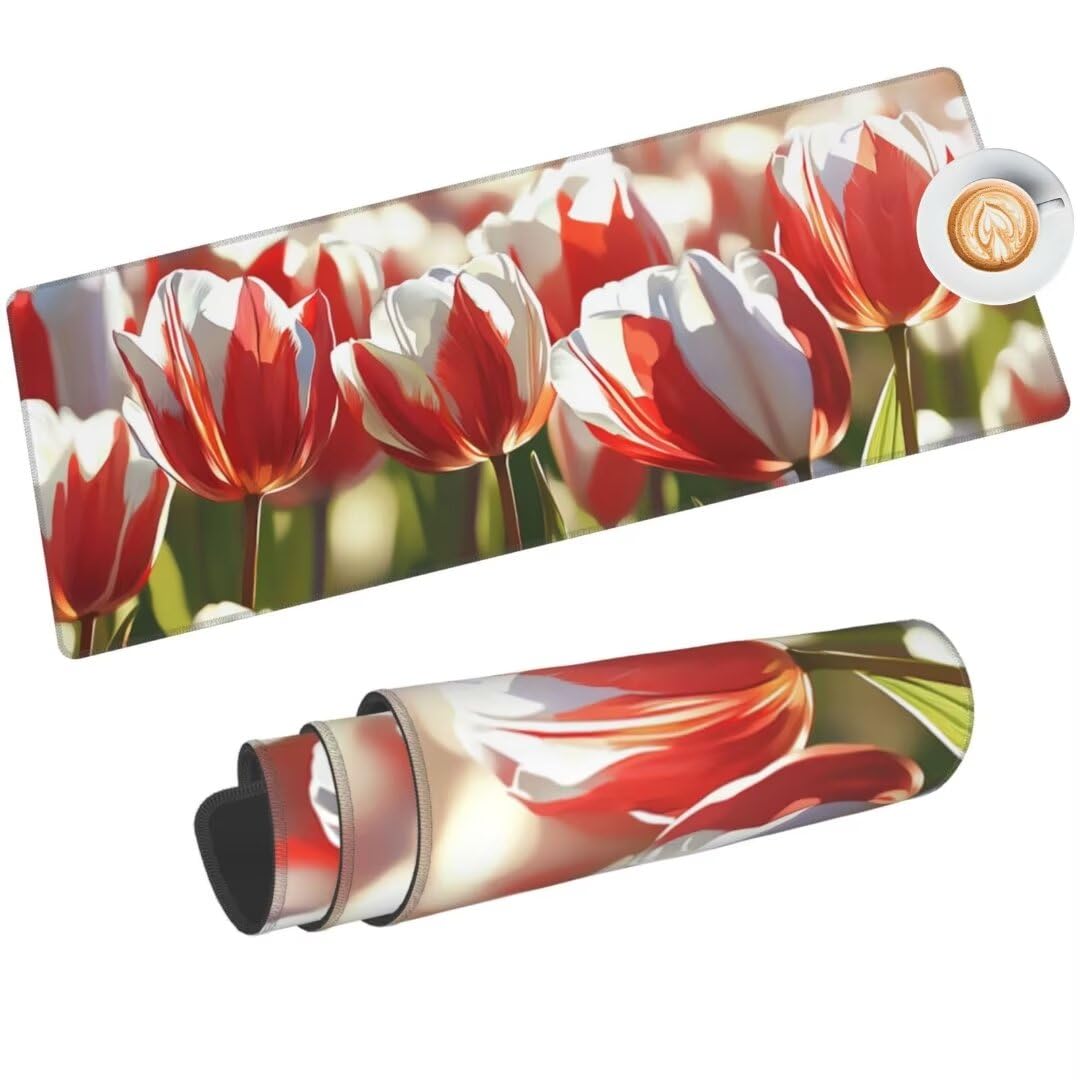 Czerwona podkładka pod mysz 150 x 80 cm, duża podkładka pod mysz, wodoodporna tulipanowa podkładka pod mysz XXL, gamingowa podkładka pod mysz z antypoślizgową gumową podstawą podkładki pod mysz na