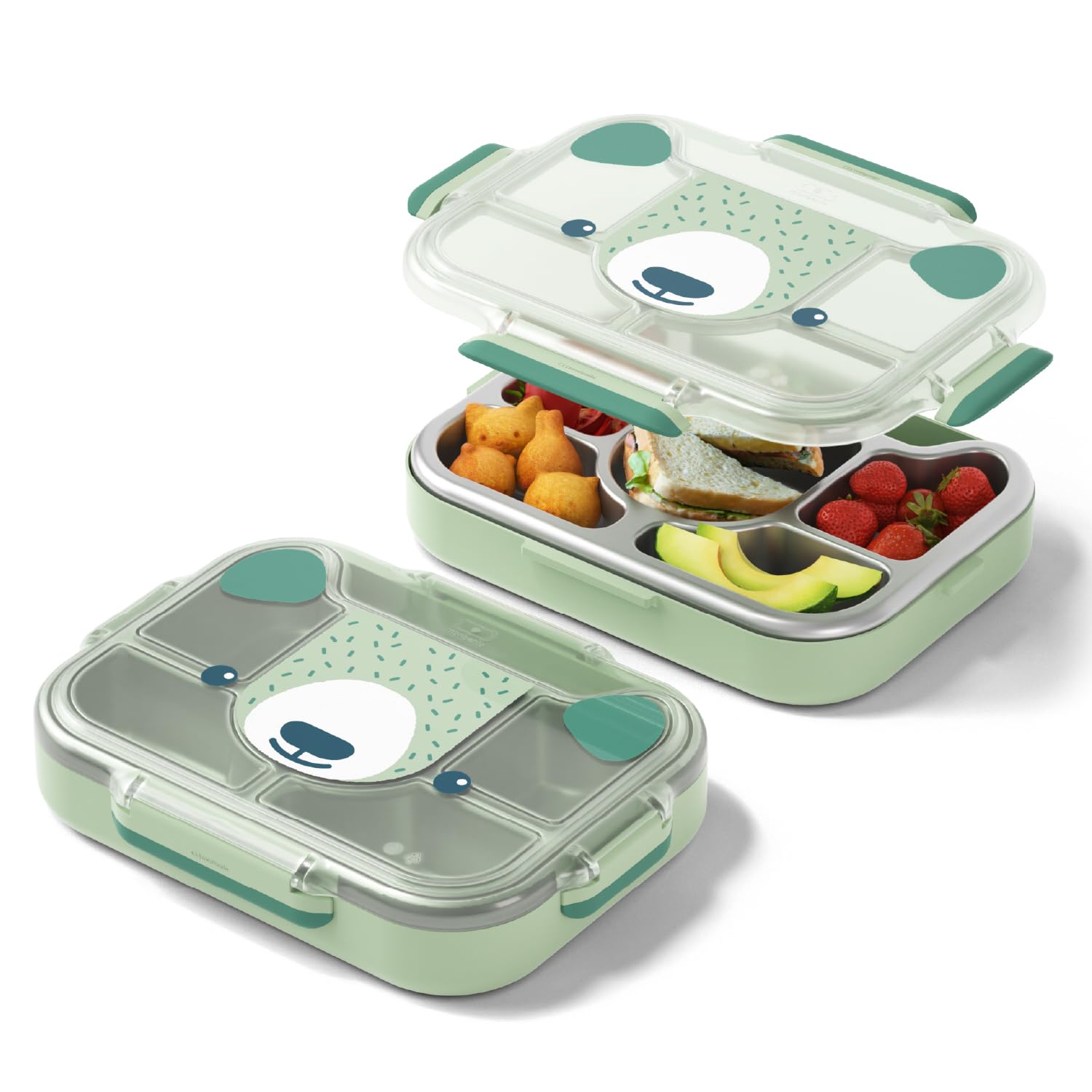 monbento - Lunch Box Enfant Wonder vert Bear - Boite Repas/​Goûter avec Compartiments - Plateau Repas en Acier Inoxydable avec Couvercle - Idéal pour École, Pique-​nique - Sans BPA - Vert Ours