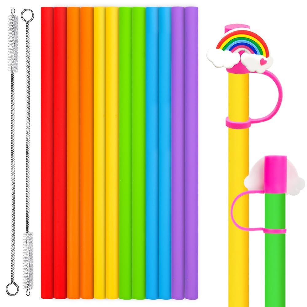 12-Pack 10'' Reusable Silicone Straws With Two Cleaning Brushes, Eco-Friendly Silicone Straws For 30oz & 20oz Glasses, Yeti, Ozark, (Multicolor)