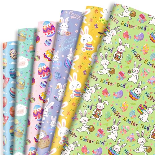 Dtiafu Easter Wrapping Paper for Kids Boys Girls Women - 6 Style Holiday Gift Wrap with Bunny Eggs Design Great for Spring Birthday Theme Party - 20 X 28 Inch Per Sheet(6 Sheet)