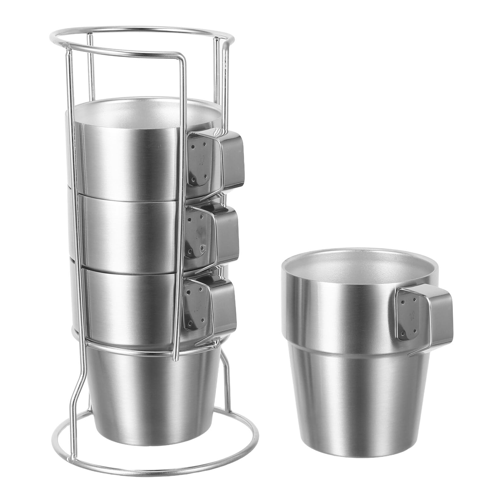 BESPORTBLE Juego de 4 Tazas Térmicas de Acero Inoxidable con Asa y Soporte 300 Ml Doble Pared Aislante Apilables Antiquemaduras para Bebidas Calientes y Frías Adecuado para Camping y