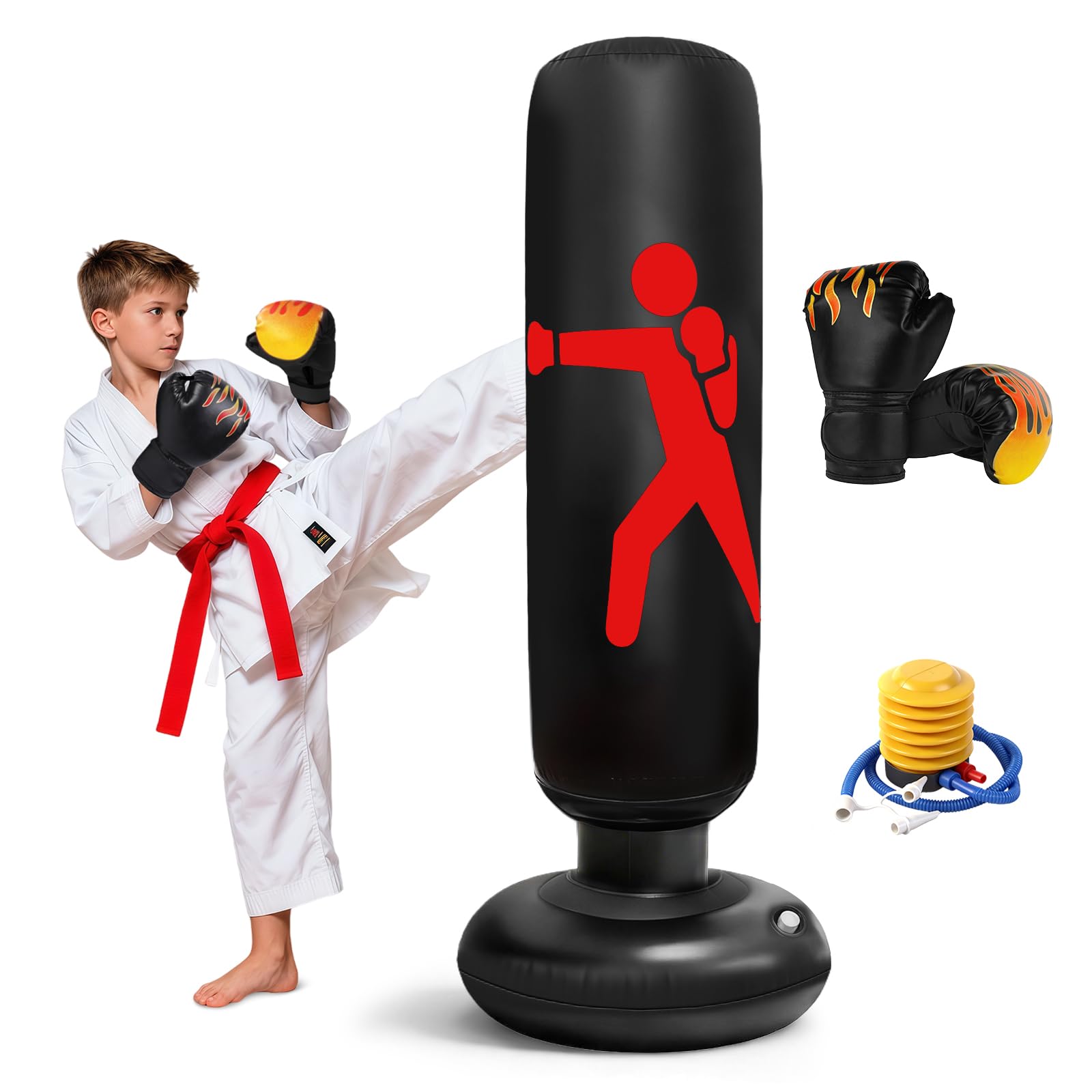 flintronic Inflatable Kids Punching Bag with Boxing Gloves, 63'' (160cm) Inflatable Bag for Boys Girls, Thickened Stable Boxing Set, Toy & Gifts for Release Stress, Practicing Karate, Taekwondo — image 1