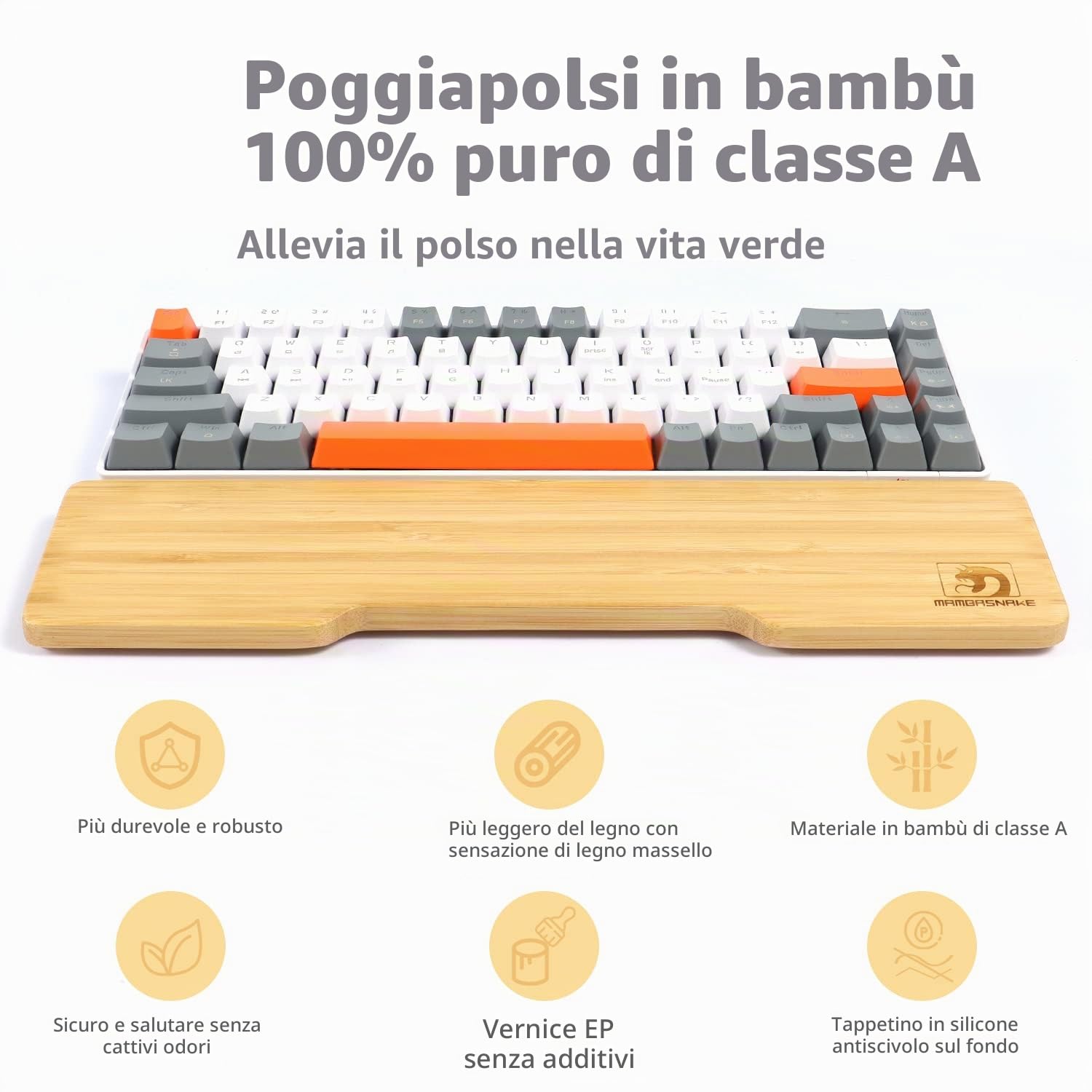 MAMBASNAKE Poggiapolsi in Bambù per Tastiera 68 Tasti 65%,Bambù di Grado A,Poggiapolsi Ergonomico,Sensazione di Legno Solido,Piedini in Gomma Antiscivolo,Sollievo dal Dolore,Digitazione/Gioco facili