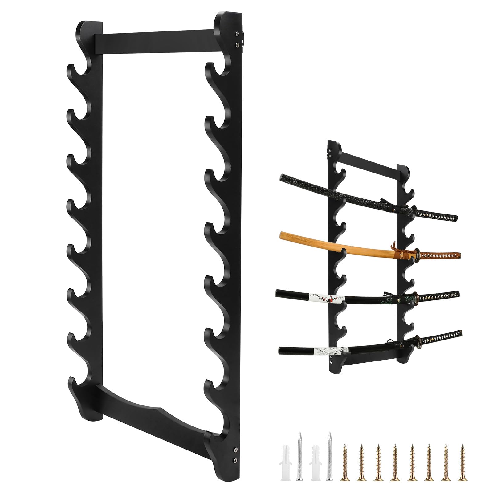 SWAWIS 8 Tier Supporto Spada, Legnoso Samurai Katana Display Stand, Katana Espositore da Montato a Parete per Canne Pesca Flauti Spada, Larghezza 32cm
