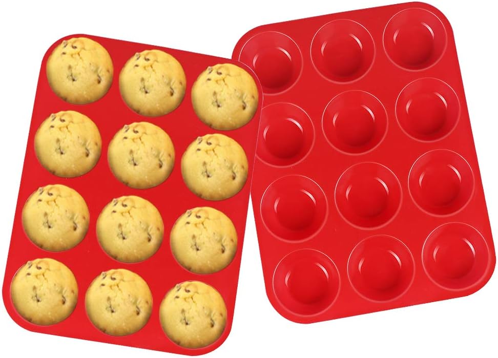 MCOMCE Silicone Muffin Pan, Egg Muffin Tin, 100% Food Grade Silicone Cupcake Baking Cups BPA Free, Reusable Silicone Cupcake Pans, 12 Cups Non-stick Silicone Muffin Pancake Set ( Red ) 1