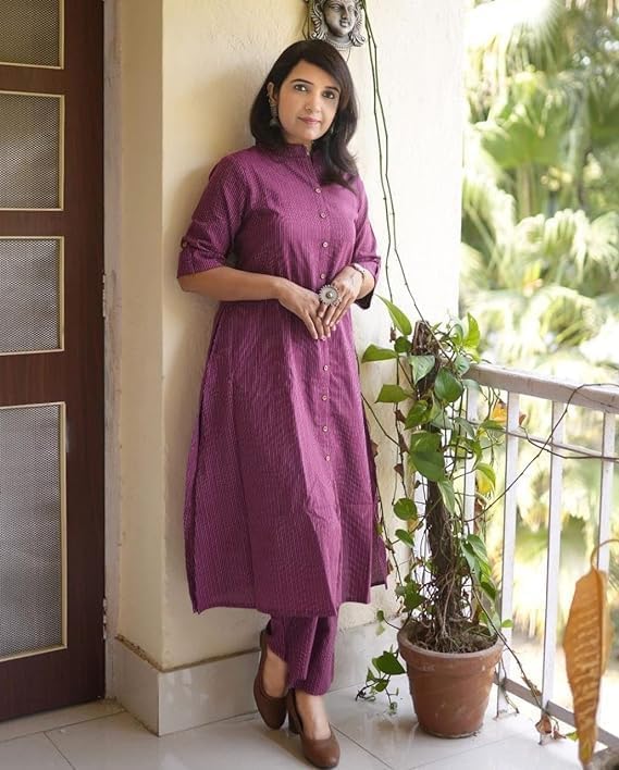 Image of Avayayat Stylish Katha Cotton Co-ord Set For Women - Shirt Style Kurti with Pants, 2peice Kurta With Trouser Casual Wear Brown