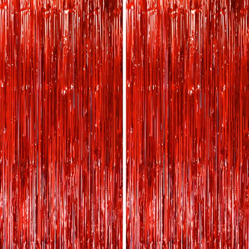 Image of Voircoloria 2 Pack Red Tinsel Foil Fringe Curtains, Red Party Decorations, Metallic Tinsel Party Streamers Backdrop for Birthday Red Carpet Christmas Graduation Carnival Valentine's Party Decorations