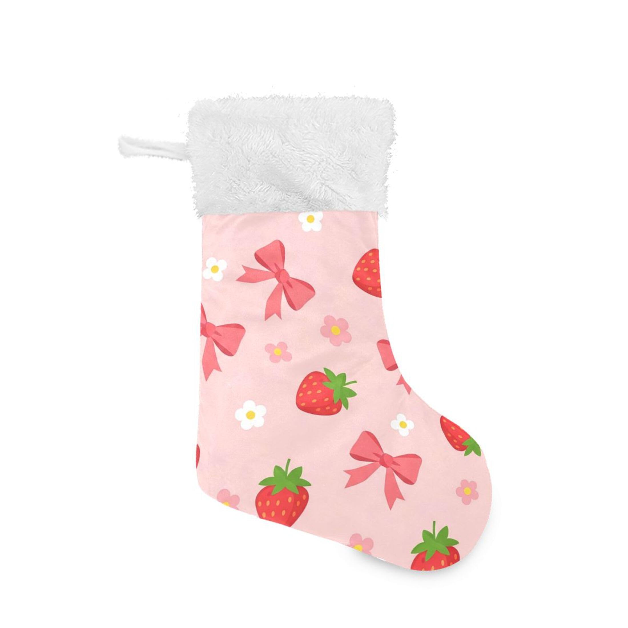 Fuauuyl Strawberry Christmas Stocking 18 In Xmas Hanging Stocking with Plush Cuff for Family Holiday Party Fireplace Decorations, 1 Pack