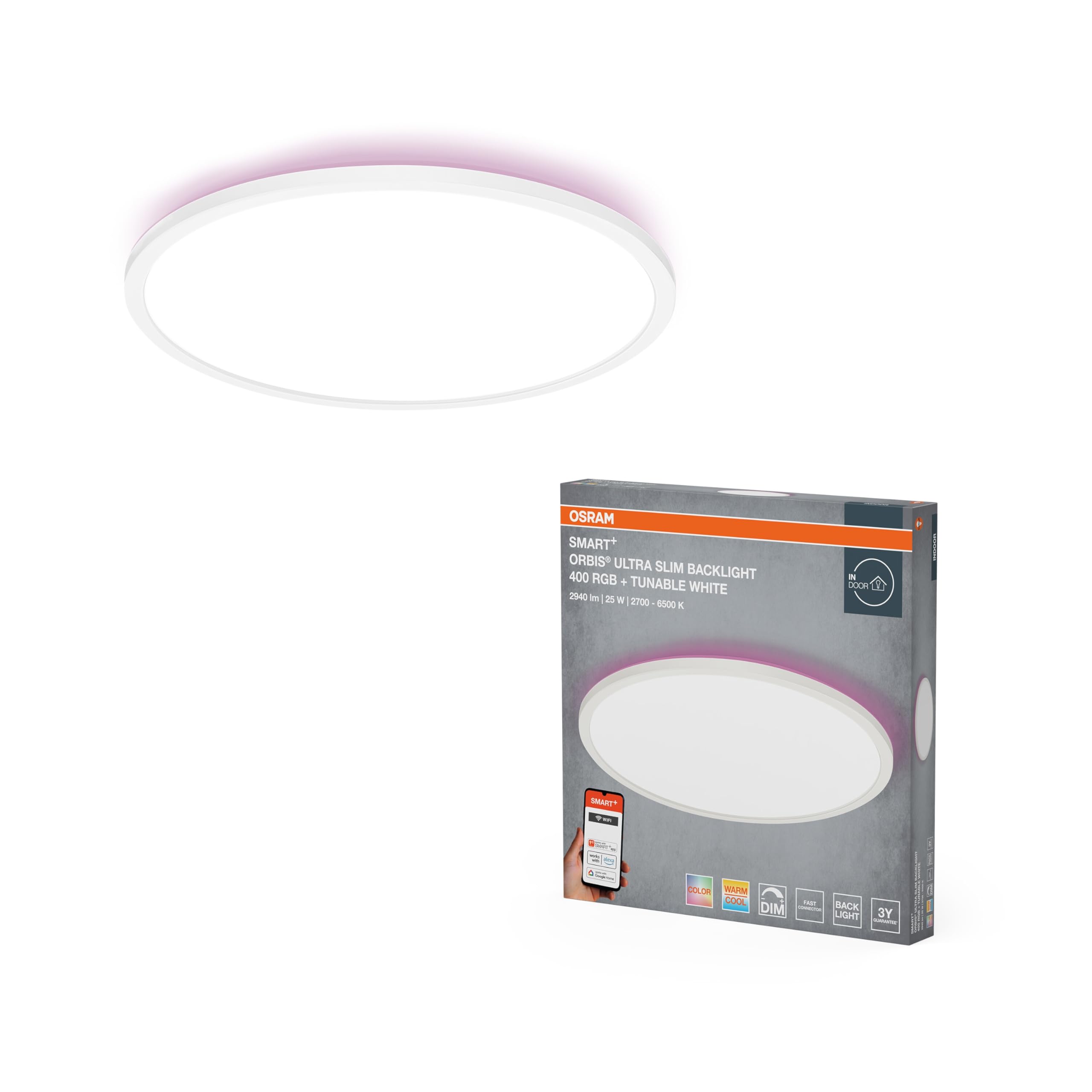 Osram SMART+ Orbis LED Panelleuchte 400mm Weiß RGB+TW WiFi | SMART+ Wifi Orbis Ultra Slim Backlight, Indoor Wall Lighting, Weiß, 400 mm dia, 30000 h, 1-Pack