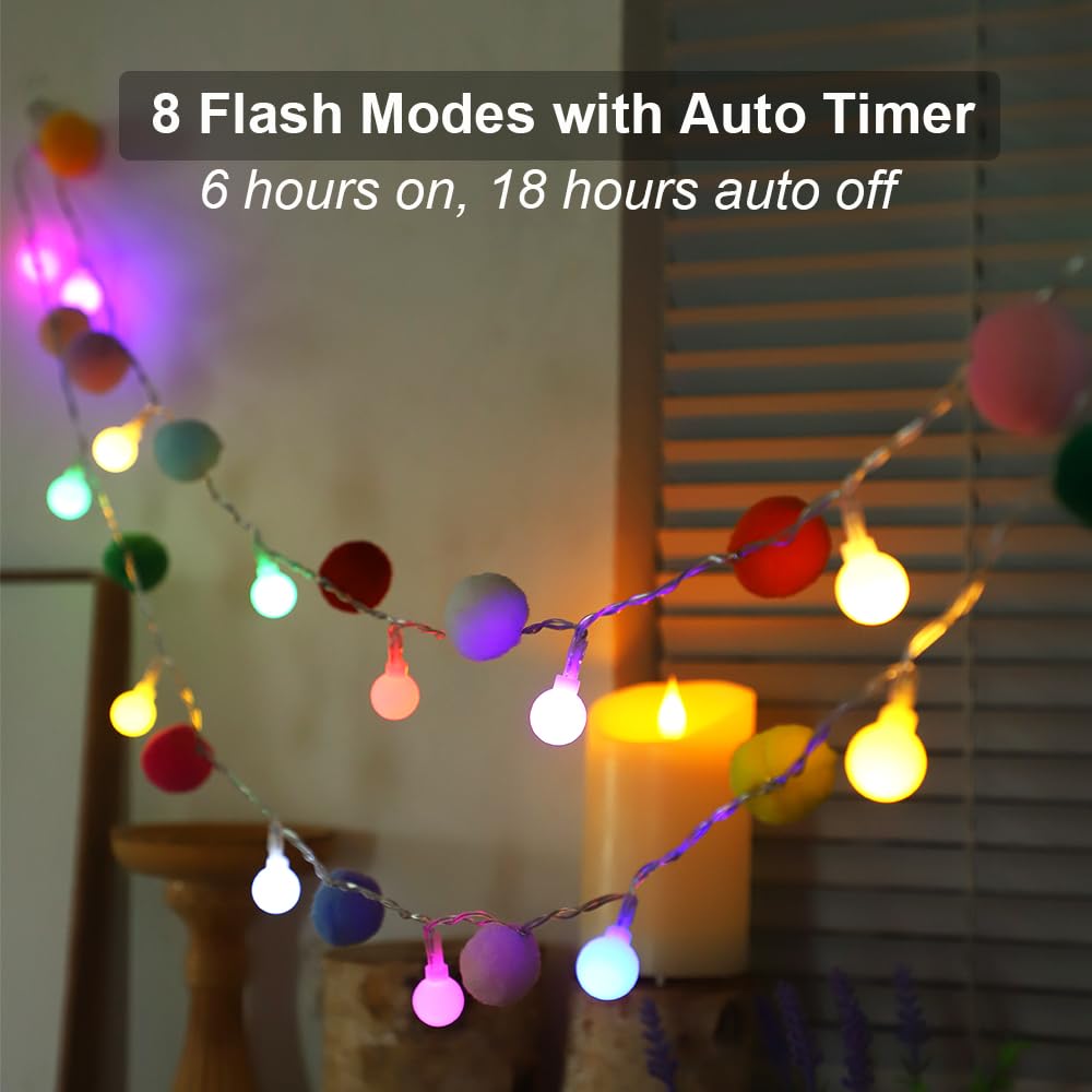 ChiRee Guirlande lumineuse de 2,5 m avec 20 pompons mignons, 20 boules colorées à DEL – Guirlande lumineuse d'intérieur à piles avec minuterie pour la maison, la chambre à coucher, la maison de jeu