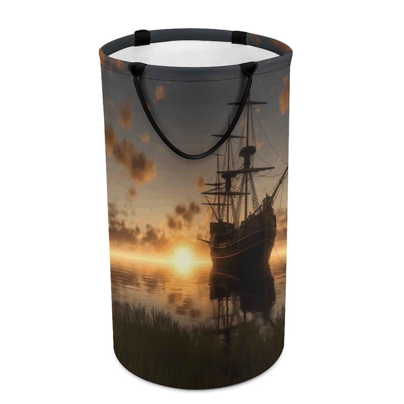 Adfgyerh Style Ship In The Lake Sunset Laundry Basket ，Foldable Waterproof Model ，Laundry Hamper ，Handles On Both Sides Easy To Move ，Storage Basket For Bedroom, Bathroom, Dorm, Laundry Room.