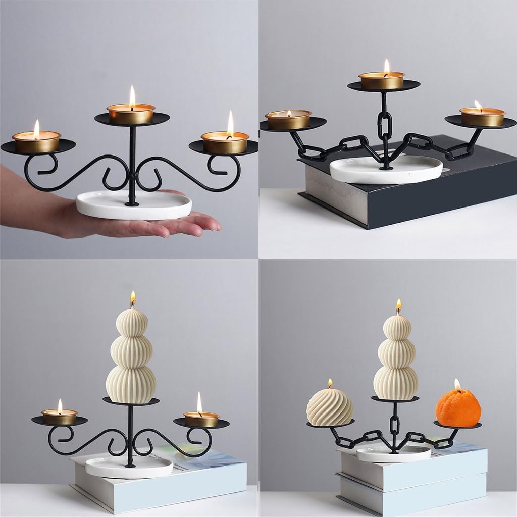 Decorative Metal Candelabra Candle Holder Stand Features Ceramic Plates for Home Decoration Elegant