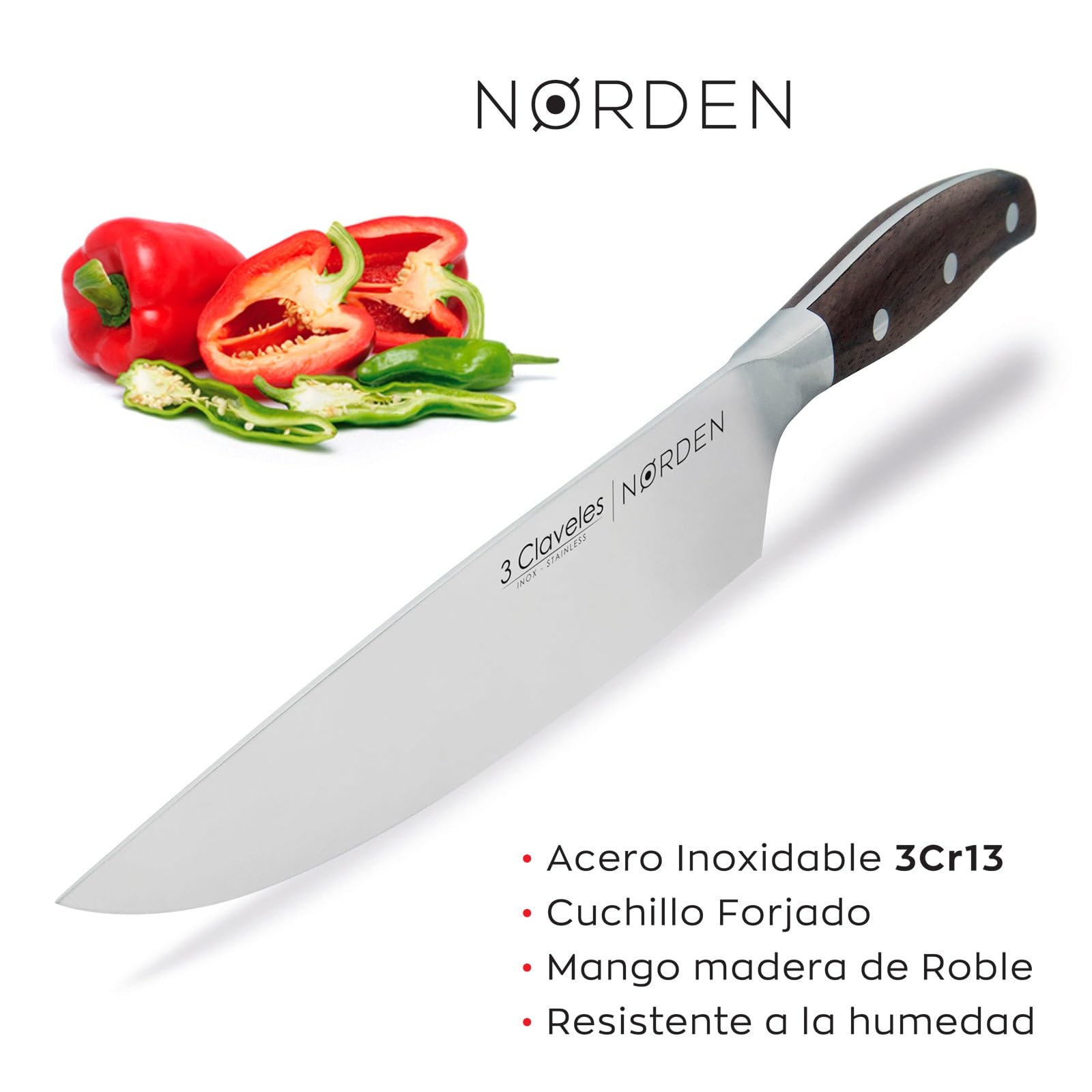3 Claveles - Juego de 3 Cuchillos Profesionales en Acero Inoxidable Gama Norden, Selección Master Chef
