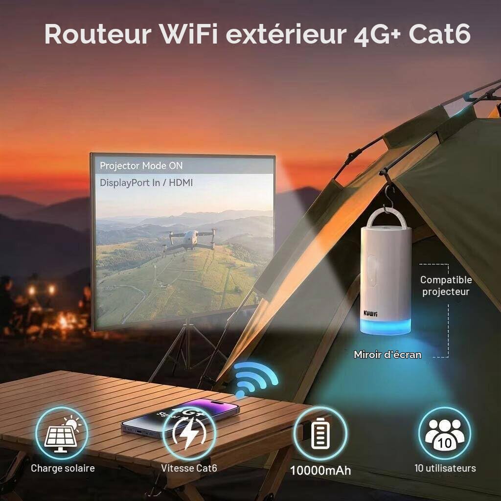 KuWFi Routeur WiFi 4G+ Cat6 AC1200 Double Bande, Emplacement SIM, 10000mAh | Internet haut débit 900 Mbps, ports Ethernet LAN/WAN, connexion portable pour camping-car et camping, avec lampe intégrée