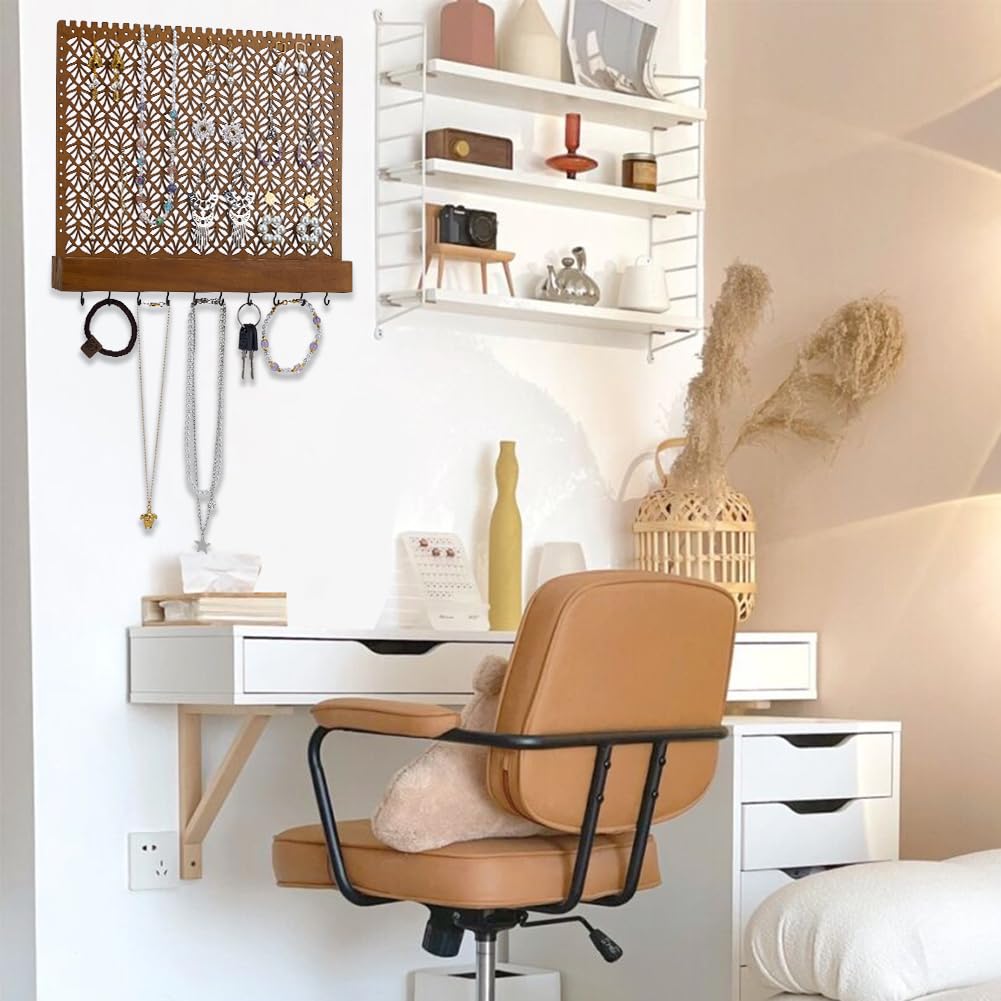 FINGERINSPIRE Porte-Bijoux Mural en Bois Marron avec Crochets pour Boucles D'Oreilles, Bracelets, Colliers