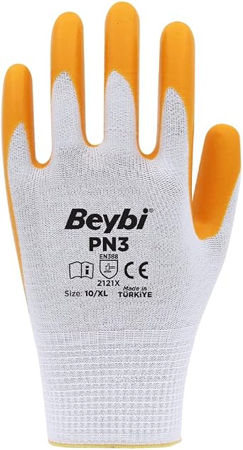 Beybi PN3 Polyester  rme Nitril Eldiven Sar , G venlik   Eldiveni, Nitril   Eldiveni Boyut-L, Boyut-XL, Sar , 2  ift