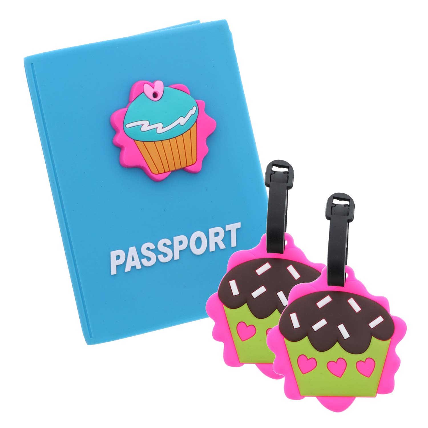 Kids Silicone Passport Holder & Luggage Tag Set Food Themed Travel Gifts - Cupcakes