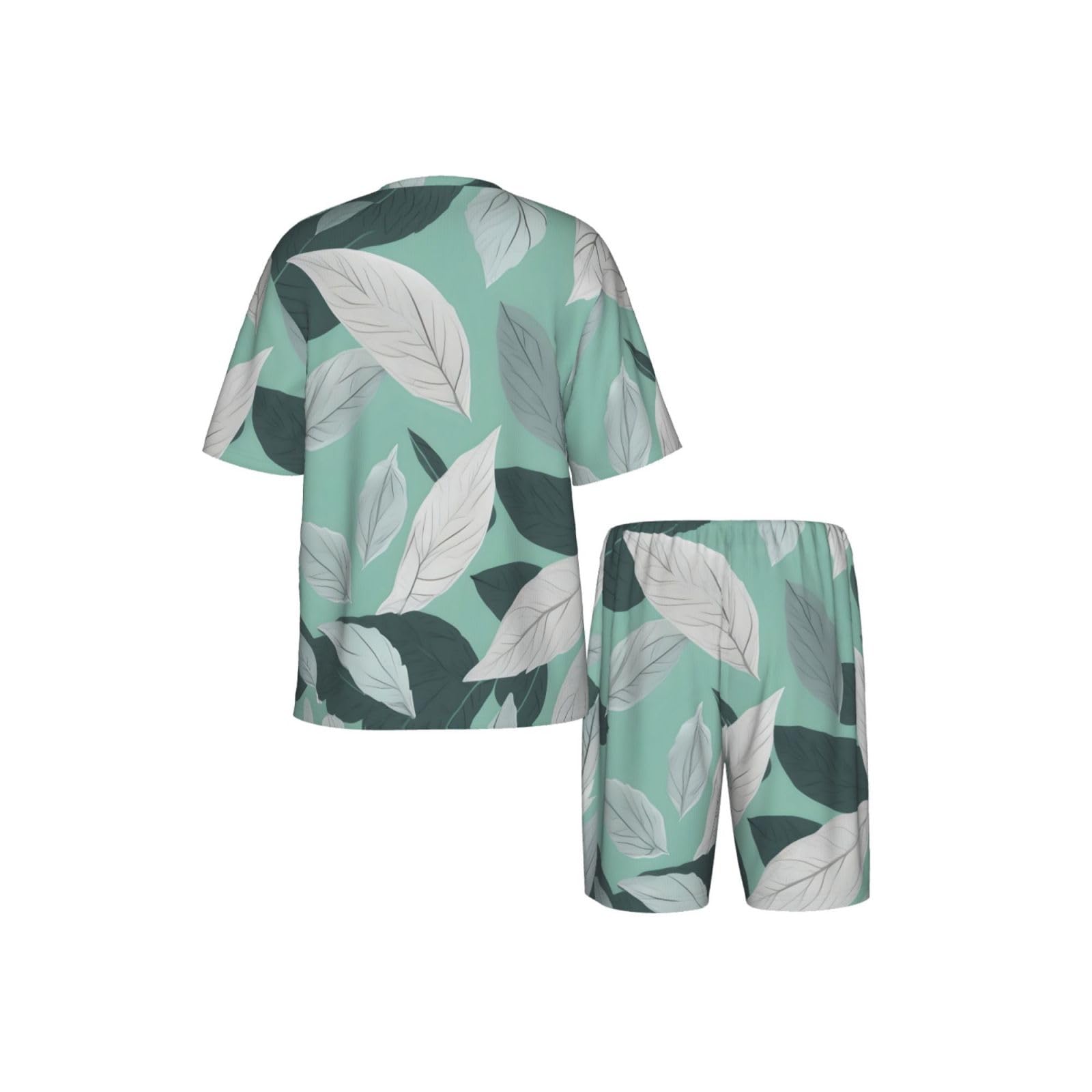 Conjunto de pijama clásico con estampado de hojas grises menta, pantalones cortos de pijama suaves para hombre, perfecto para las noches de verano