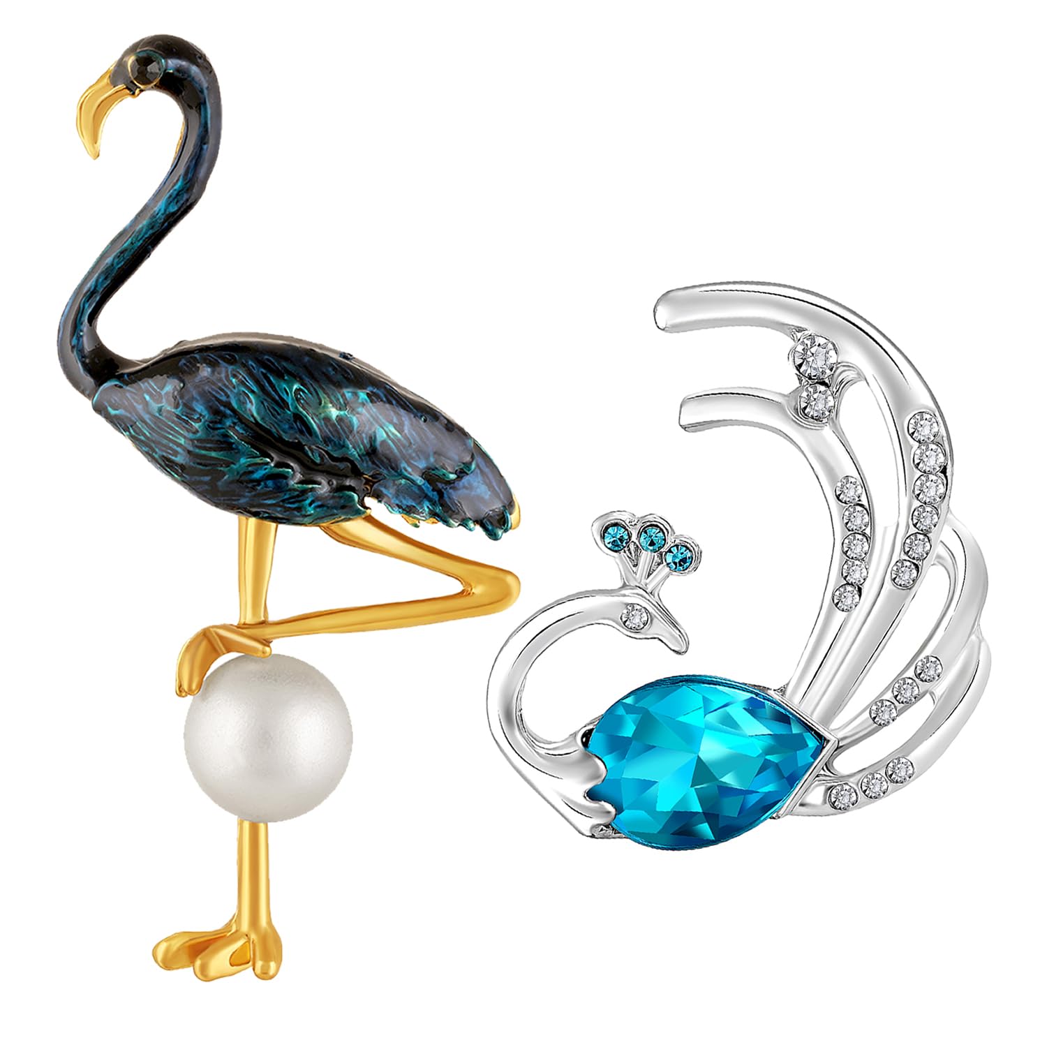 combo of meenakari work and aqua blue crystal birds-shaped saree pin wedding brooch for women (co1105775m)