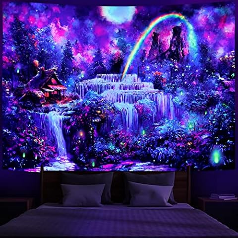 Racunbula Blacklight Tapestry Fantasy Forest Tapestry UV Reactive Waterfall Rainbow Tapestry Misty Jungle Plants Tapestry Nature Landscape Wall Hanging for Living Room Cover