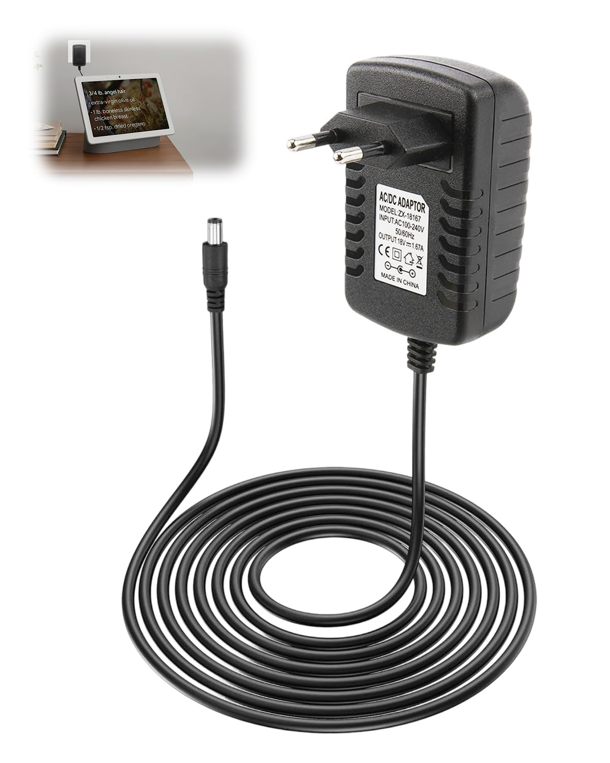 Adaptador de 30W Compatible con Alexa Echo 3ª y 4ª Generación, Echo Show 8, 10, 15, Plus 2ª Generación, Cargador de 18V 1.67A, Cable de 2 Metros, Protección de Sobrecorriente y Sobretensión