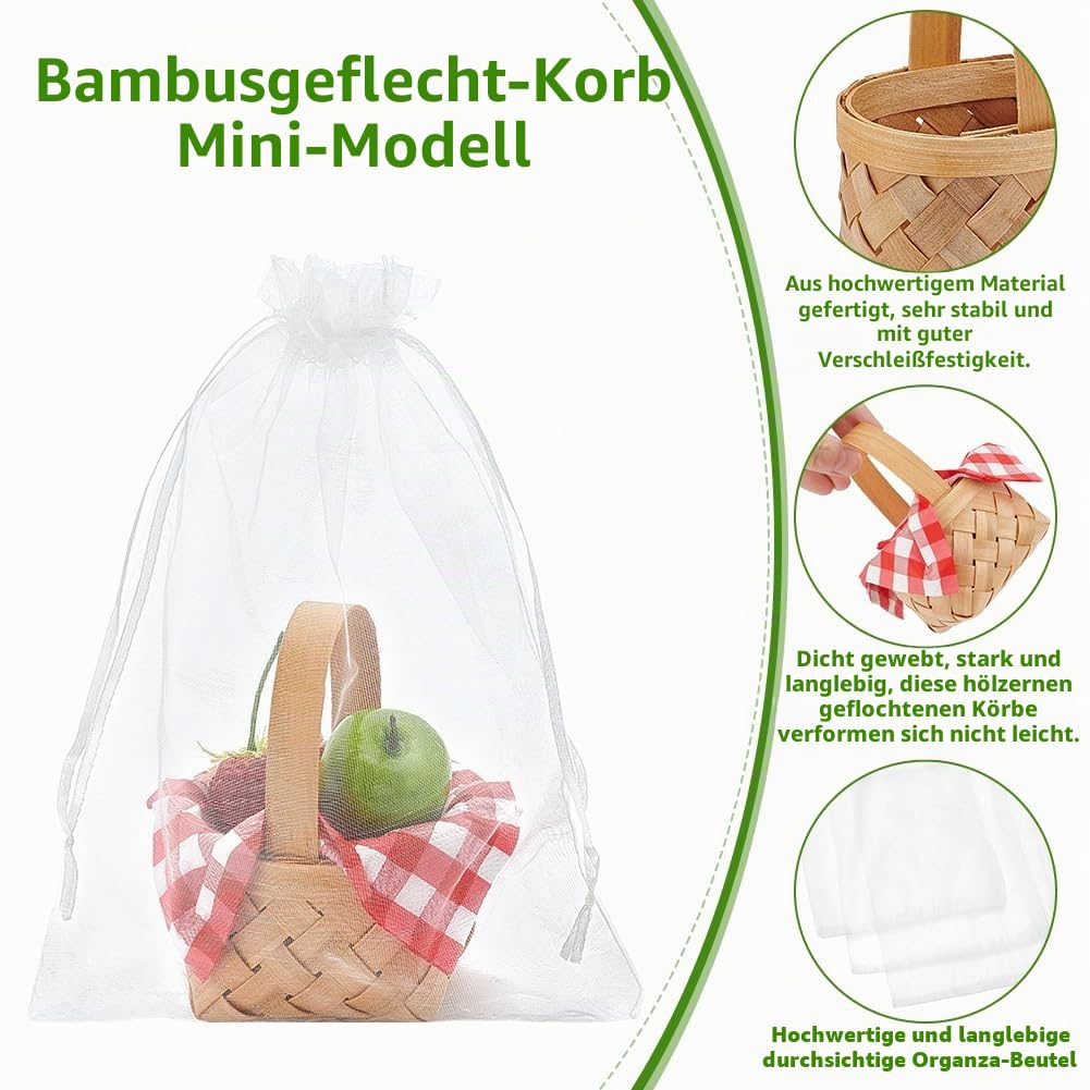 INTERWARM 24 Set Mini Picknickkörbe Aus Gewebtem Stoff Mini Blumen Und Obstkörbchen Mit 40 Stück Seidenpapier Und 24 Organza Geschenktüten Kleine Chips Körbchen Für Und Ostern Partygeschenke