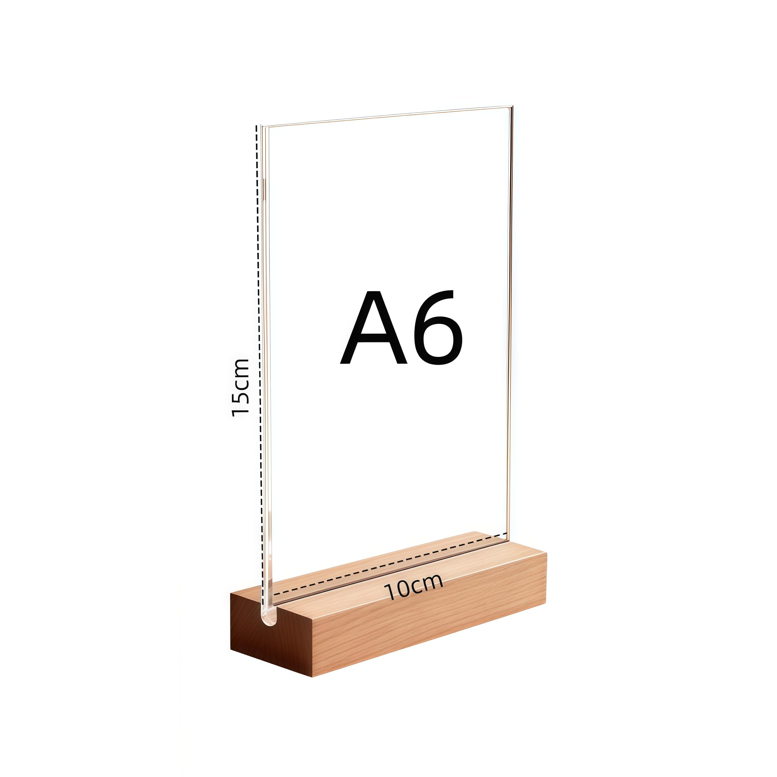 Expositores de mesa A6 transparentes acrílico con base de madera soporte vertical en L doble cara para tarjetas de menú