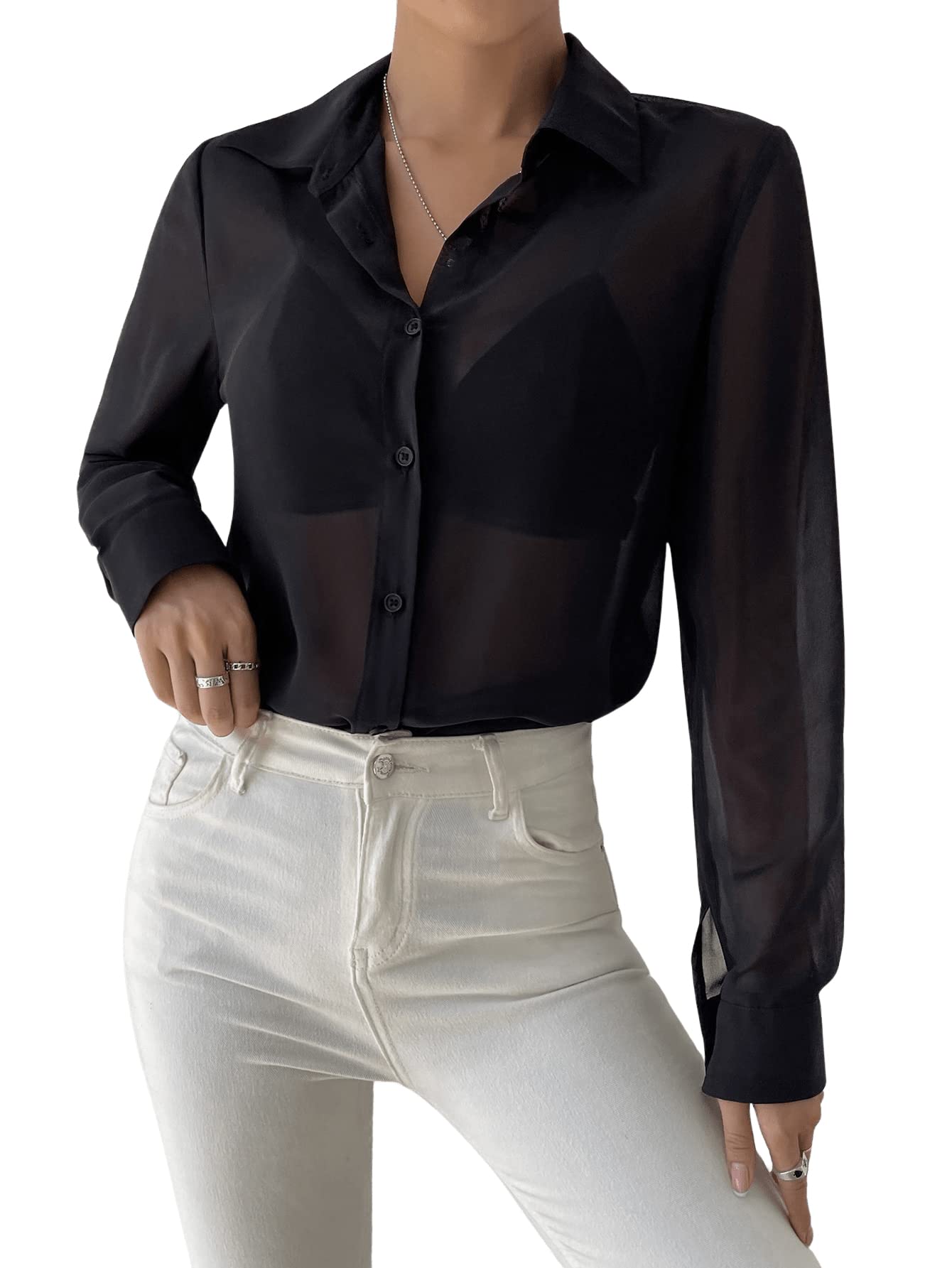 Verdusa Women's Sheer Mesh Button Up Shirt Long Sleeve See Through Blouse: X-Small Black